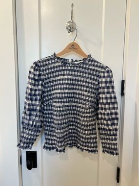 Veronica Beard Kali Blue & White Gingham Smocked Three-Quarter Sleeve Top